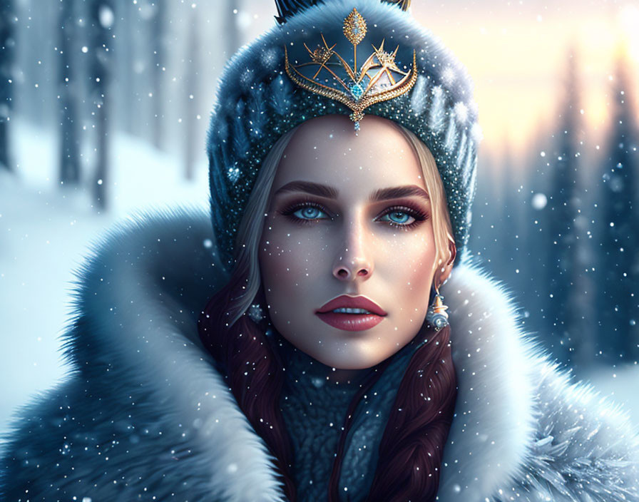 Woman in crown and fur cloak gazes in snowy landscape