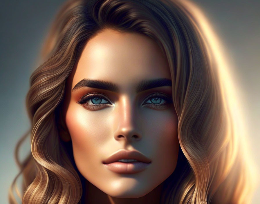 Detailed digital portrait of a woman with blue eyes and flowing brown hair