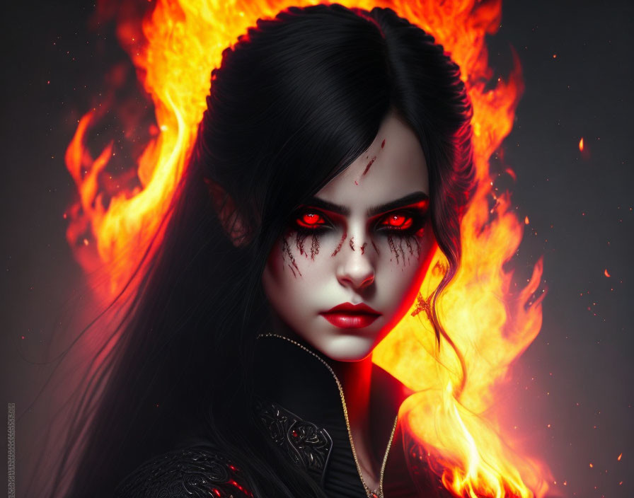 Digital artwork: Female figure with dark hair, red eyes, fiery wings, dark flame background