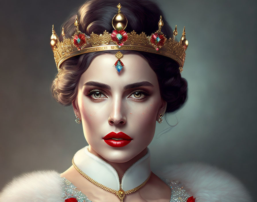 Regal woman with gold crown, gemstones, pearl necklace, and red lipstick