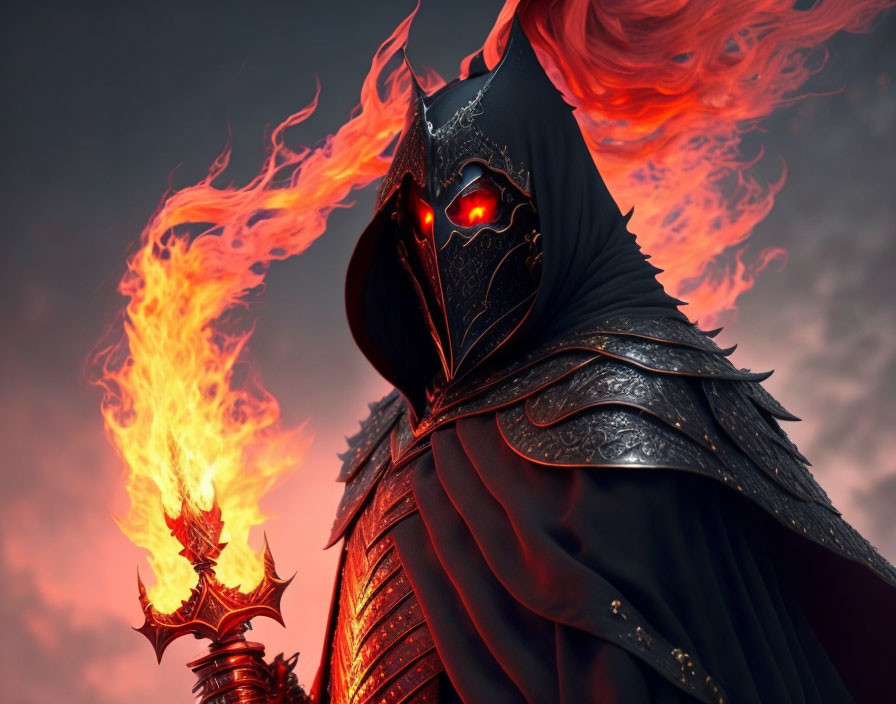 Dark-armored figure with glowing red eyes holding a flaming mace in fiery sky