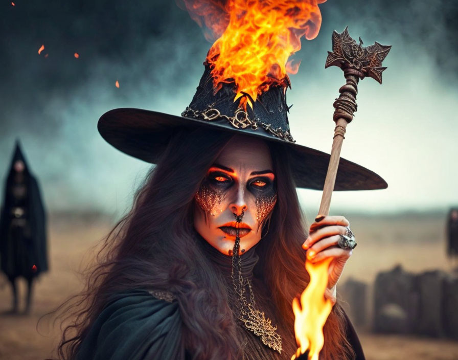 Person in witch costume with flaming hat and staff, accompanied by cloaked figure.