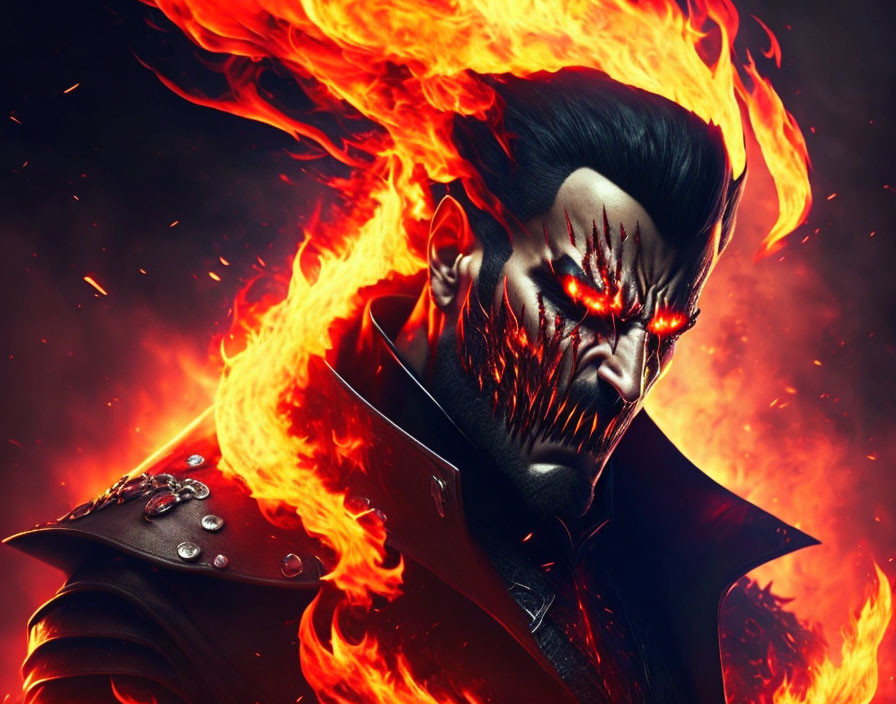 Character with glowing red eyes and fiery face in dark outfit against fiery background