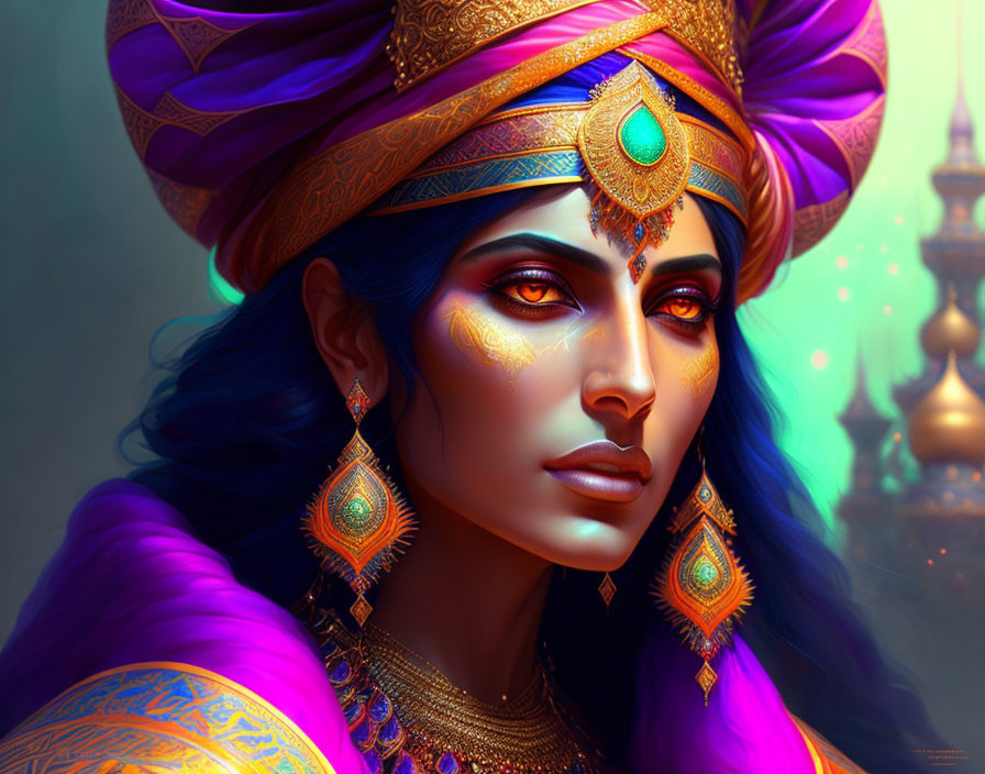 Blue-skinned woman in purple and gold royal attire with ornate jewelry.