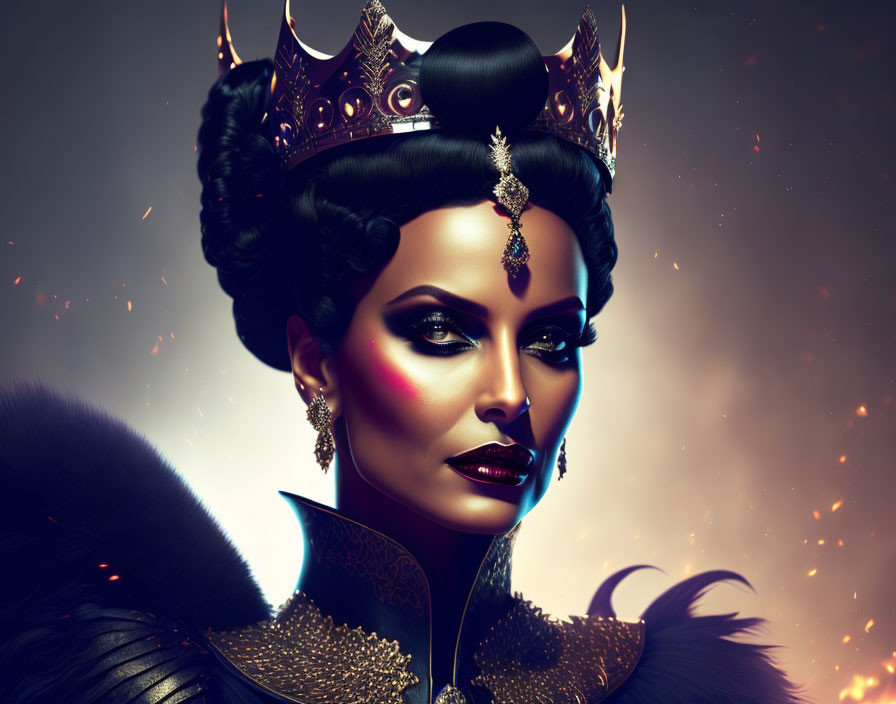 Majestic female figure in crown and dark attire against fiery background