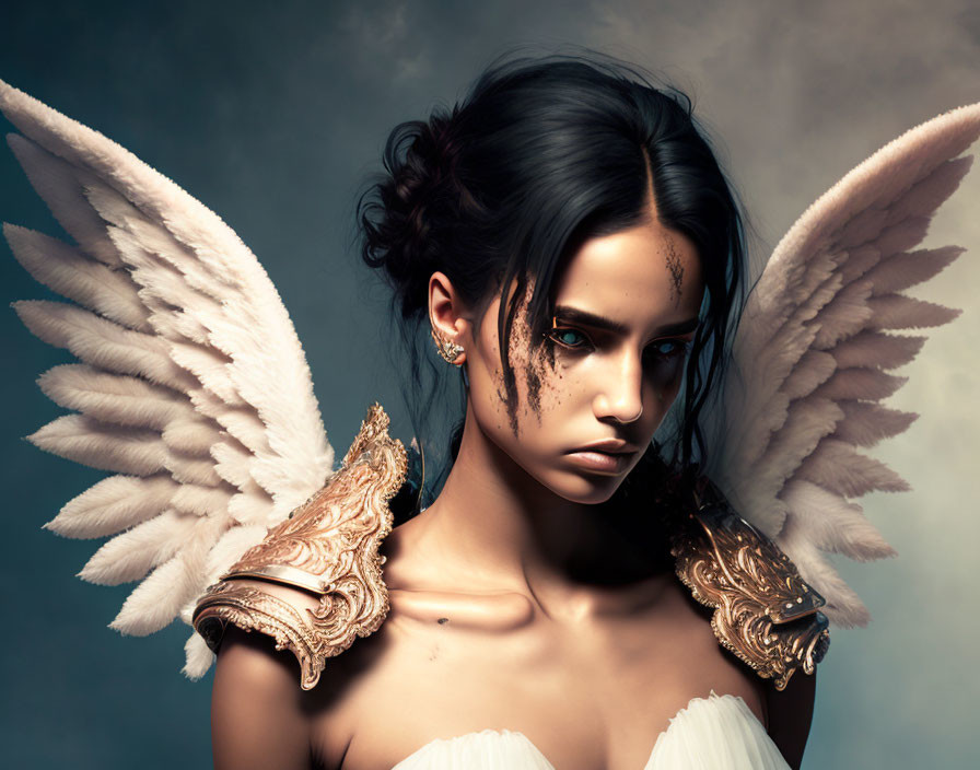 Dark-Haired Woman with Angel Wings in Ornate Armor and White Dress