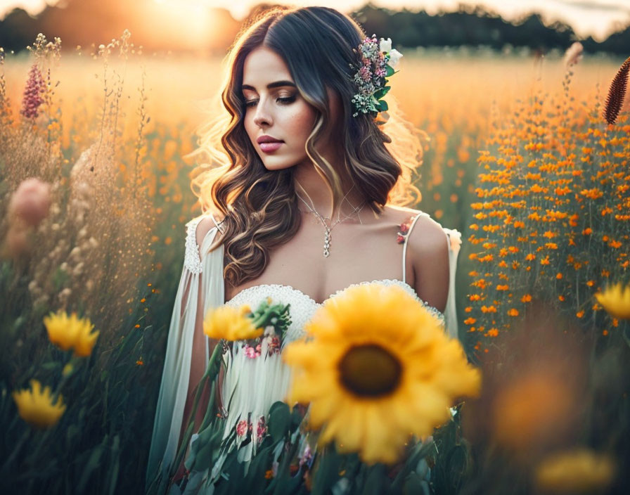 Woman with flowing hair and flowers in sunlit wildflower field