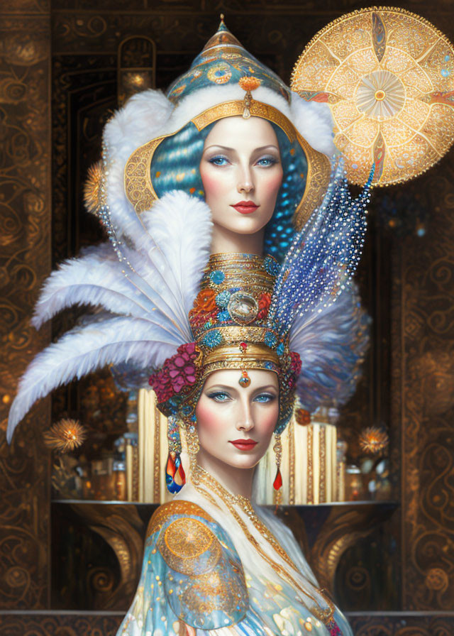 Detailed Illustration of Two Women in Regal Attire