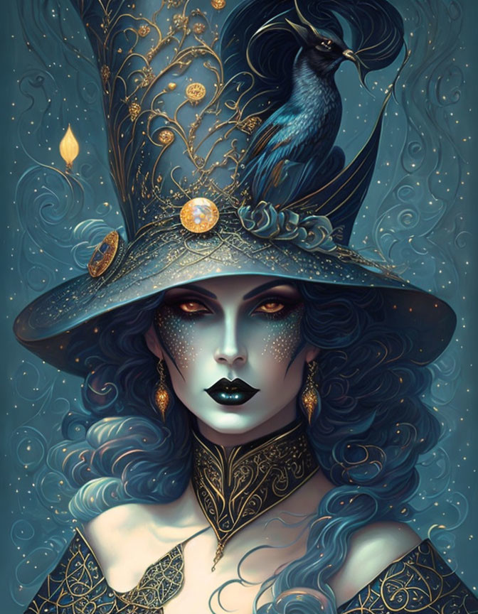 Illustrated woman with starry witch hat and peacock: Pale skin, dark lips, wavy