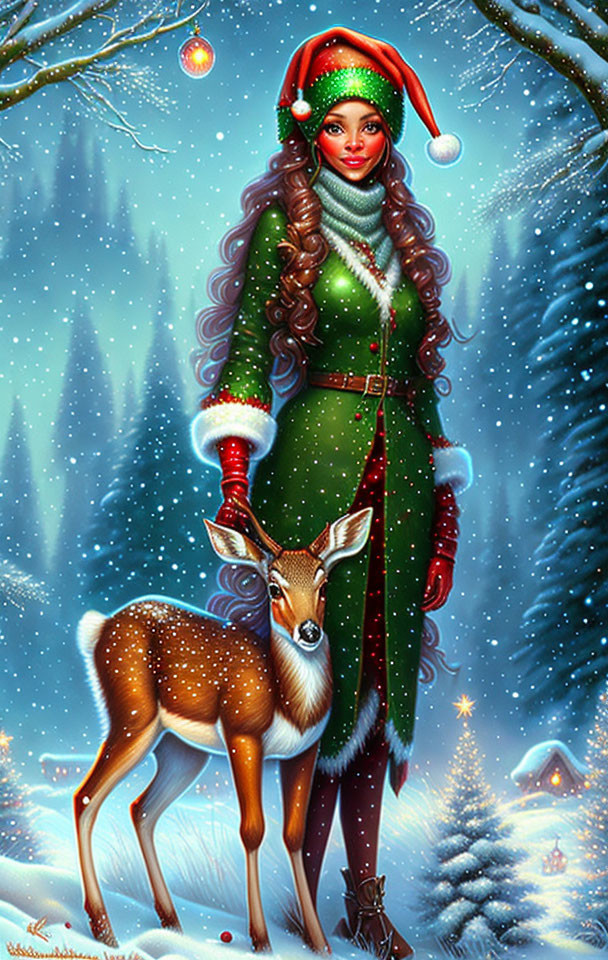 Festive winter scene with woman in holiday outfit and fawn in snowy forest