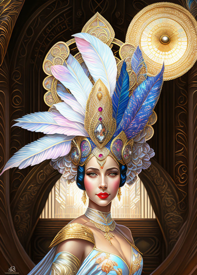 Detailed illustration of woman with feathered headdress and jeweled ornaments