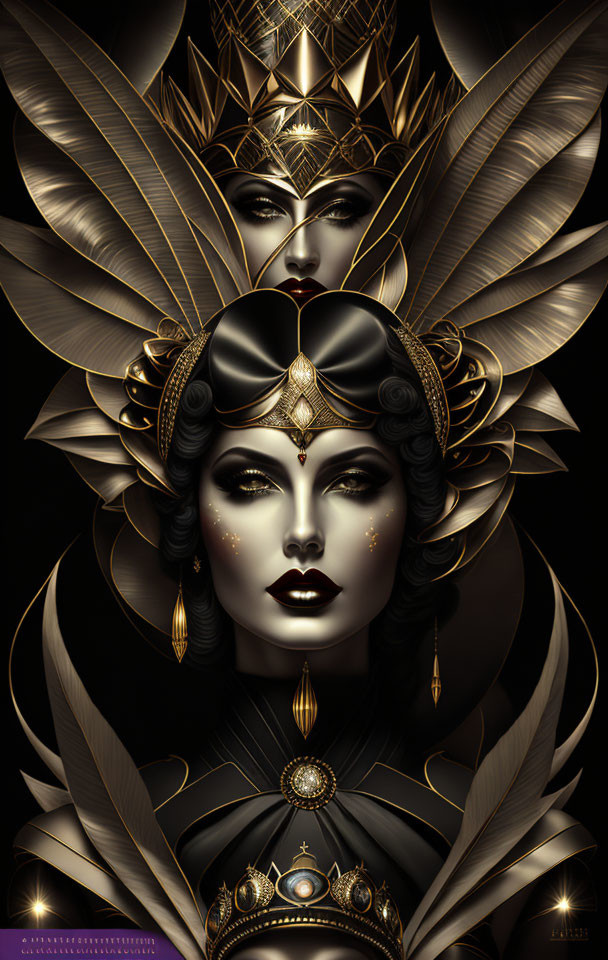 Regal female figure with golden headpiece and jewels on dark background