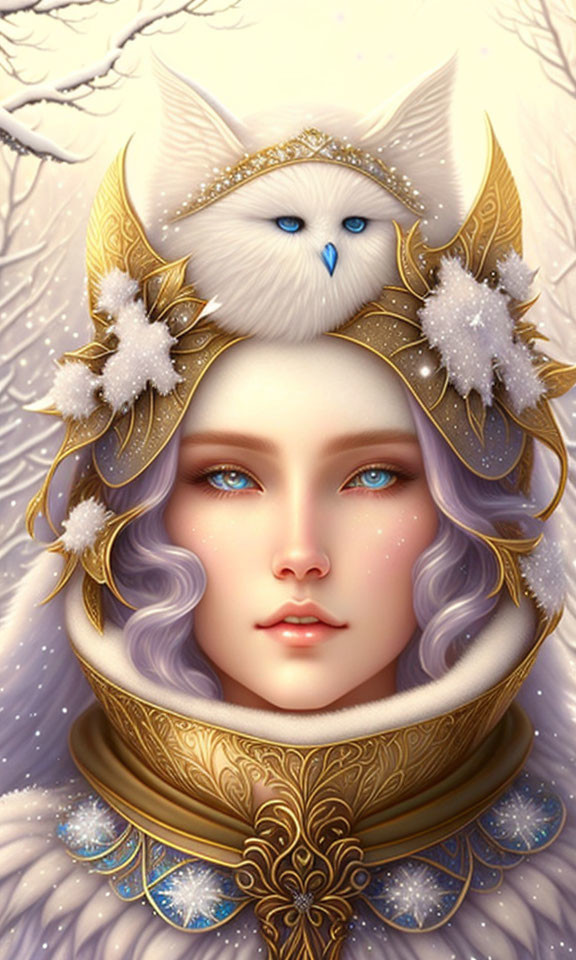 Fantasy portrait of woman with blue eyes and lavender hair, adorned with golden headdress, accompanied by