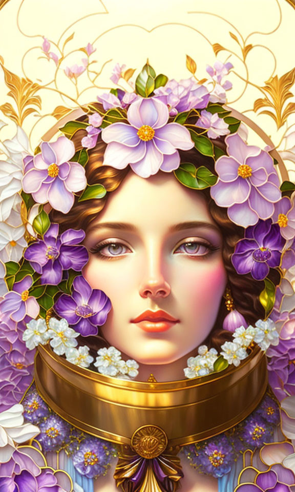 Illustrated woman with purple and white flowers and golden collar