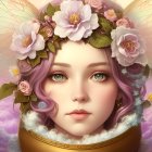 Fantasy portrait of woman with blue eyes and lavender hair, adorned with golden headdress, accompanied by