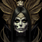 Regal female figure with golden headpiece and jewels on dark background