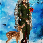 Festive winter scene with woman in holiday outfit and fawn in snowy forest