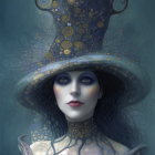 Illustrated woman with starry witch hat and peacock: Pale skin, dark lips, wavy