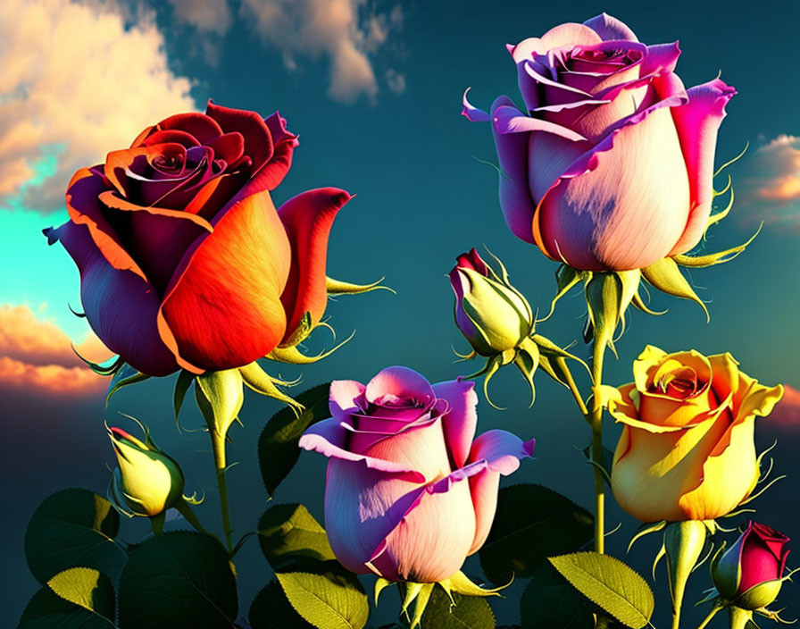 Bi-Colored Roses Against Blue Sky and Fluffy Clouds