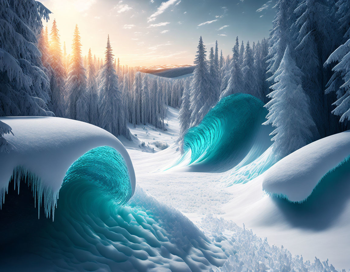 Snow-covered trees and surreal ice formations in serene winter landscape