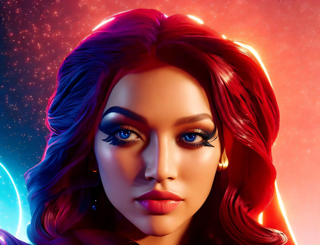 Red-haired woman in cosmic digital art with blue eyes