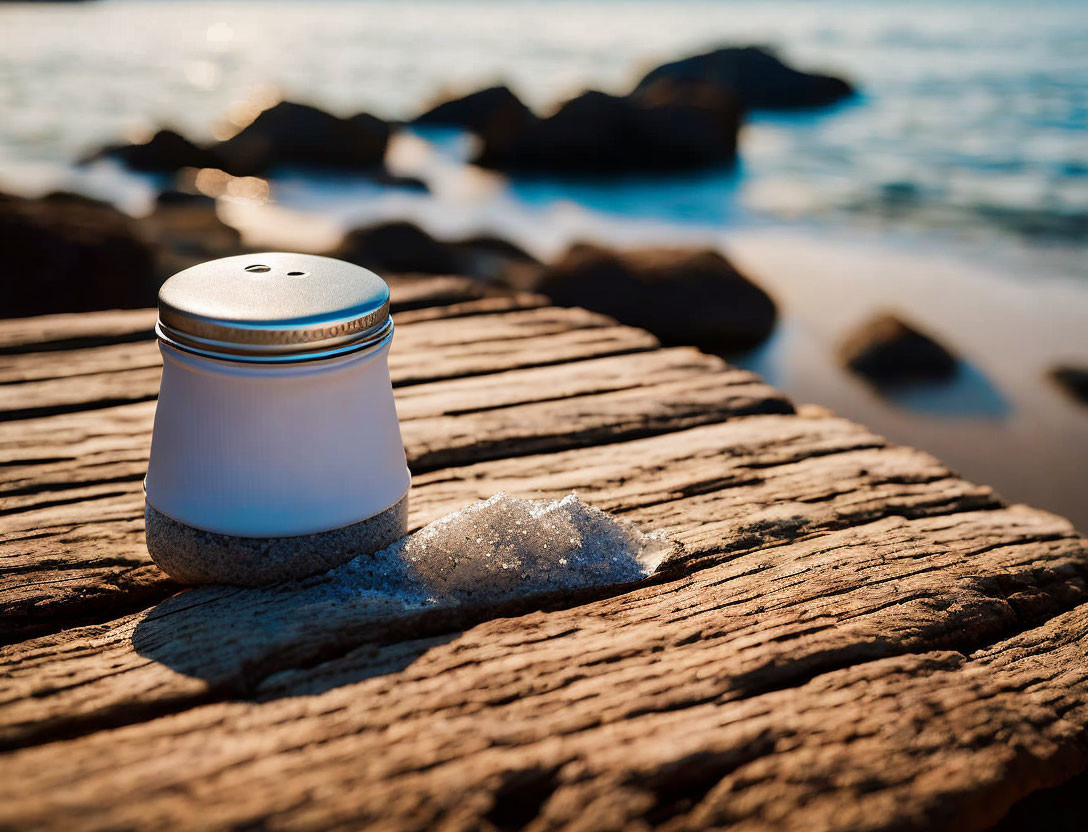 Salt shaker on wooden surface by the sea with spilled salt and sunlit rocks.