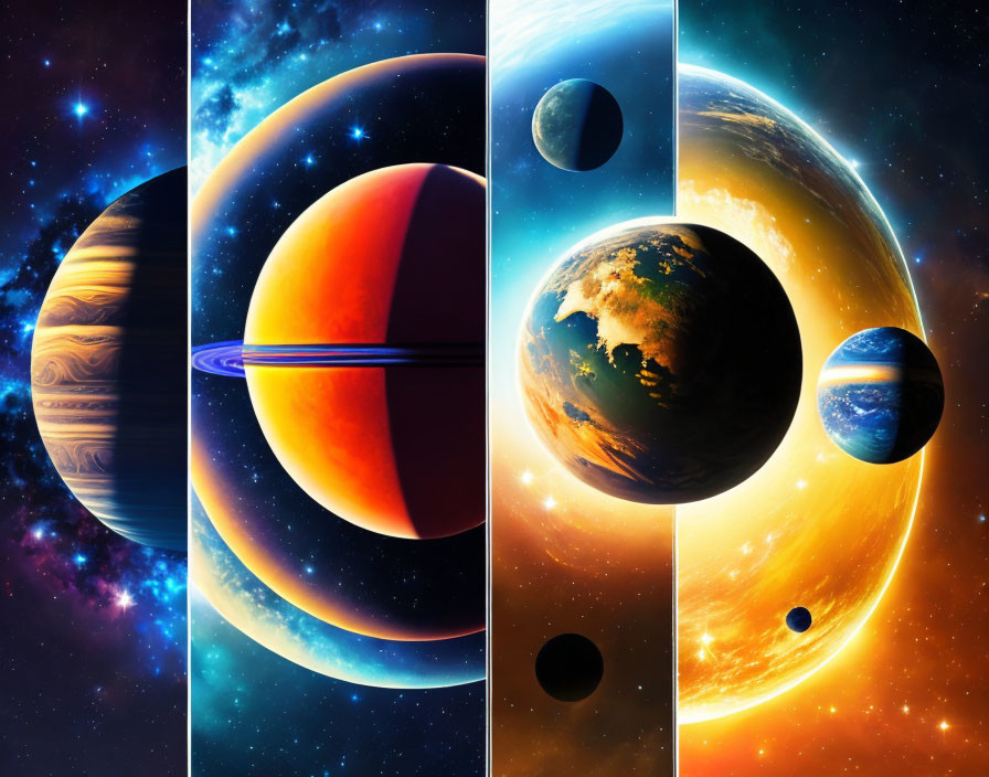 Digital Artwork: Four Split Views of Planets and Celestial Bodies in Space