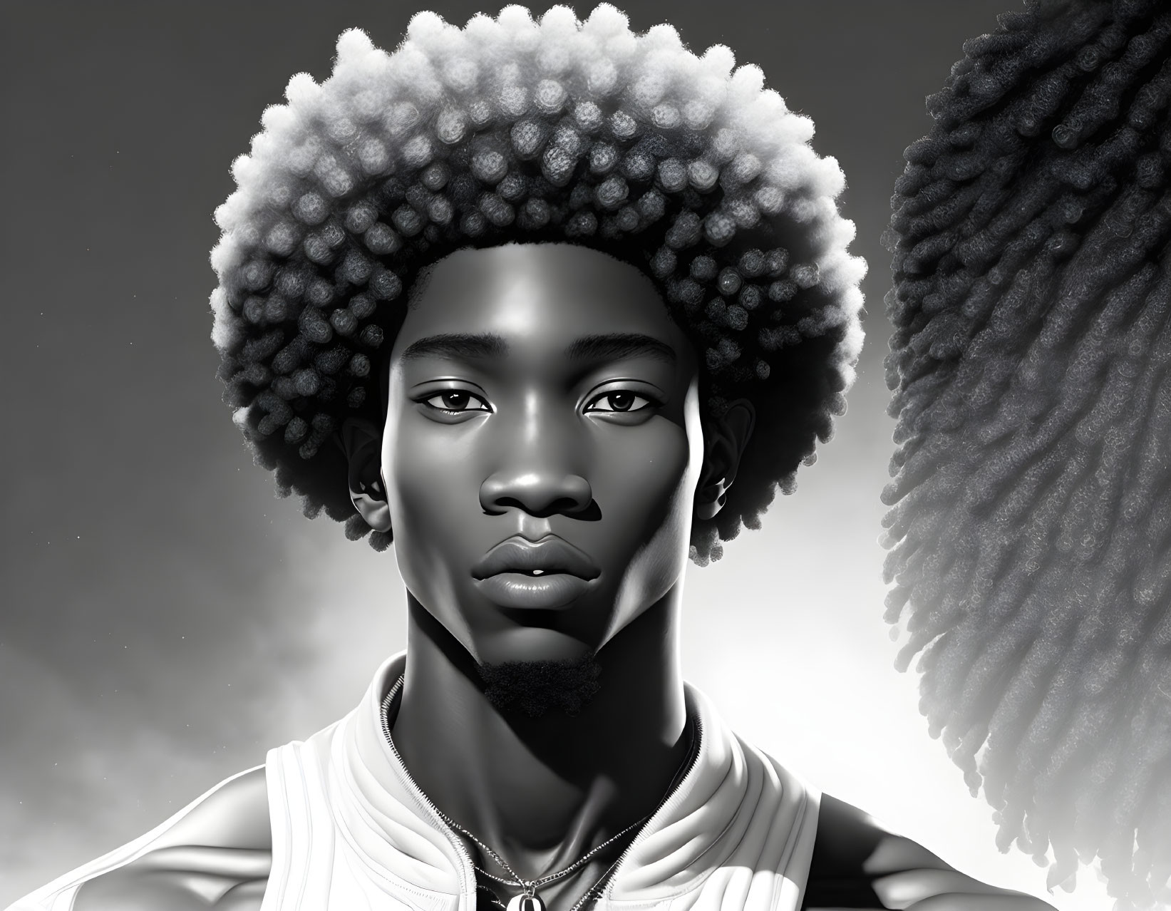 Monochromatic digital art of person with large afro in hoodie