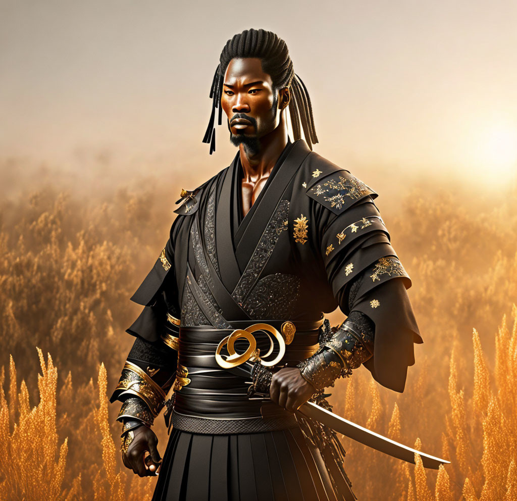 Warrior with Dreadlocks in Ornate Black Armor on Golden Field