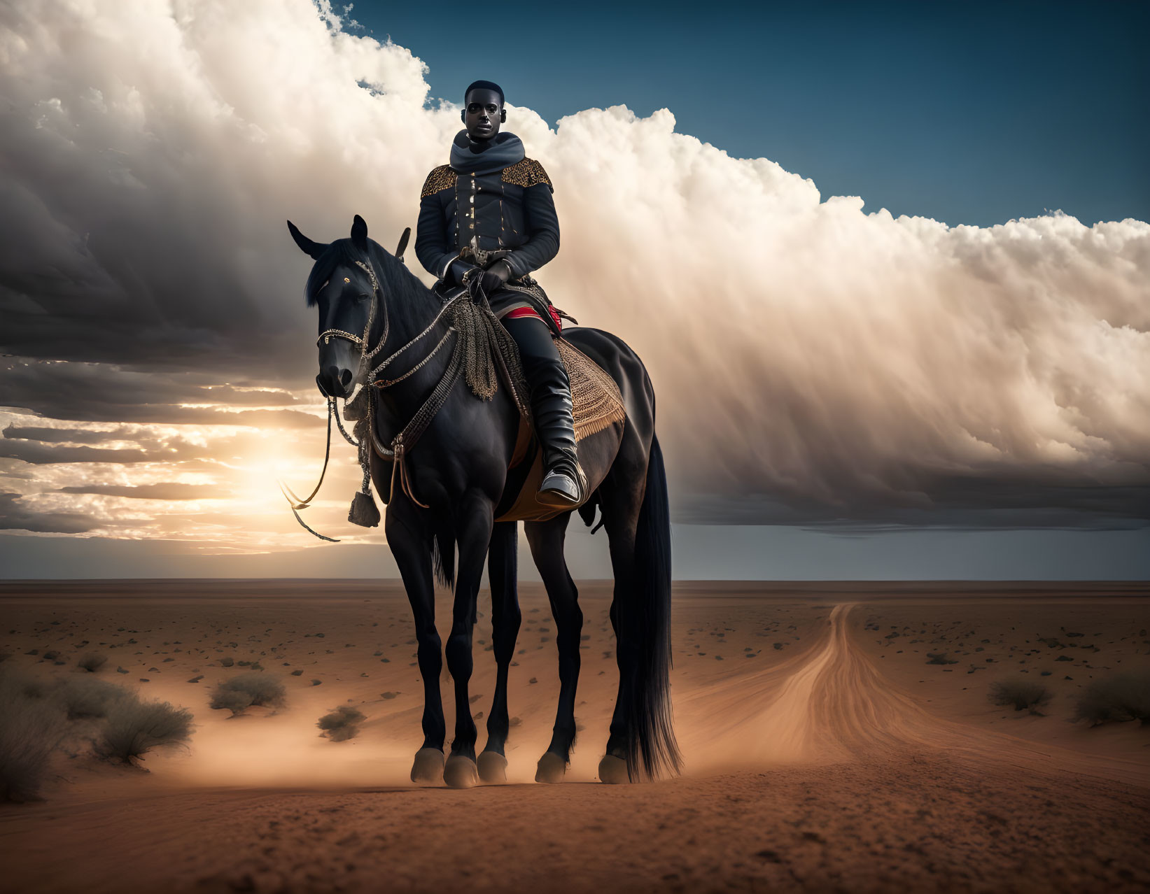 Armored rider on black horse in desert with dramatic clouds and sandy trail