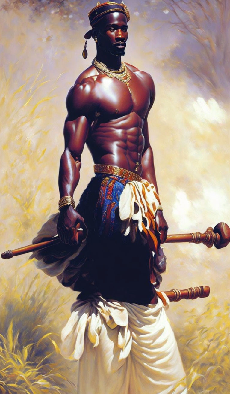 African warrior painting in traditional attire standing in grassy field