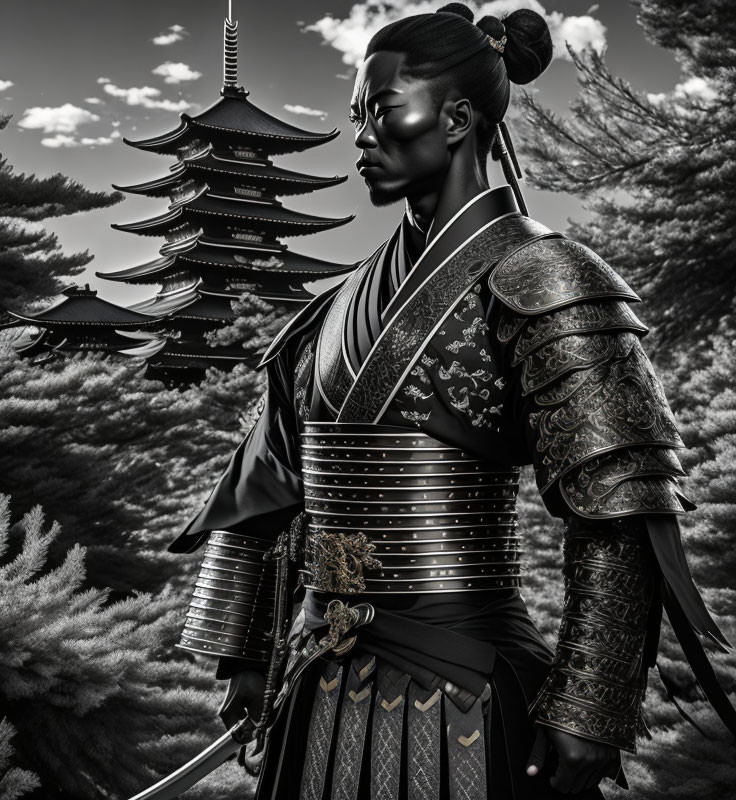 Monochrome image of samurai in traditional armor with katana by pagoda