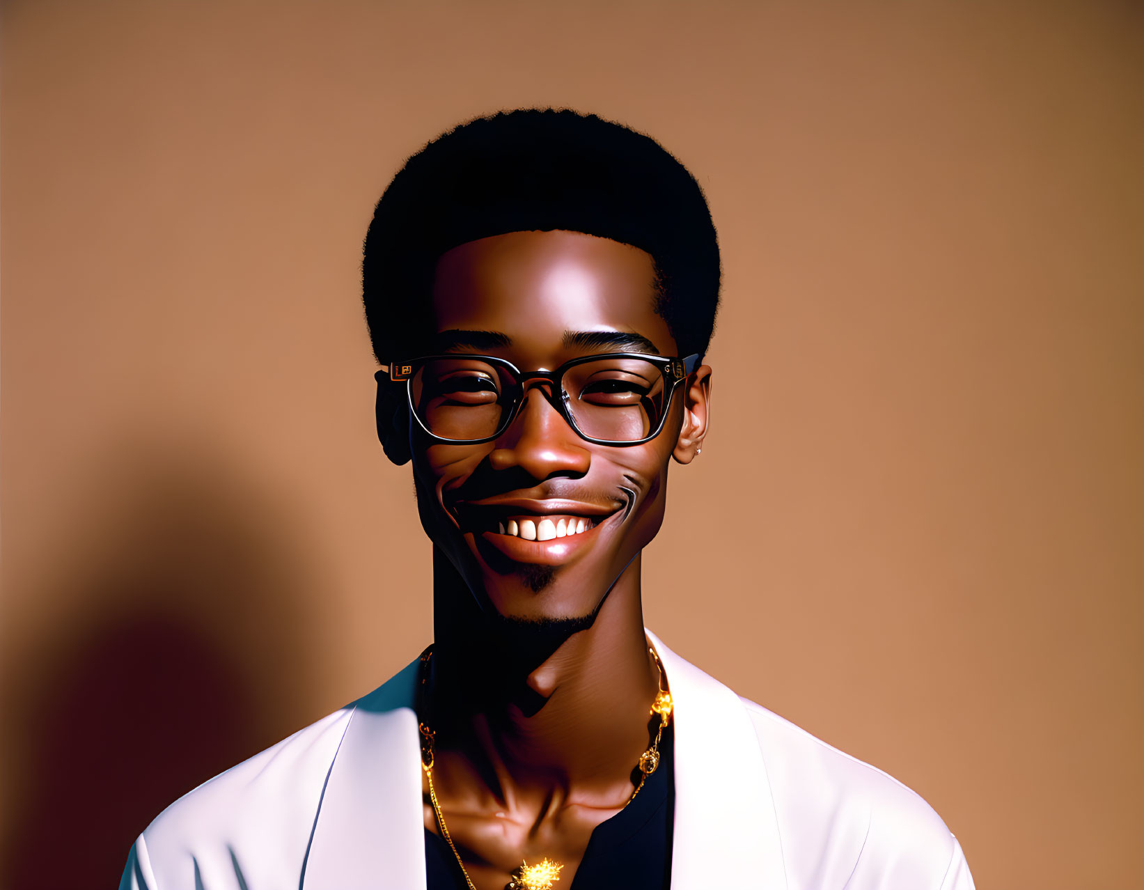 Smiling man with glasses in white jacket on warm-toned background