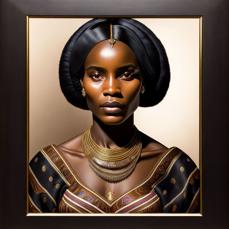 Traditional Dark-Haired Woman Portrait with Gold Jewelry and Frame