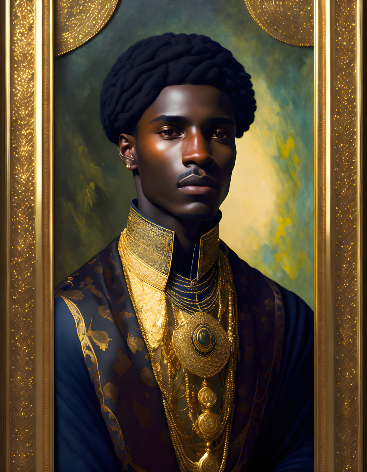 Regal portrait of a man in dark blue and gold attire on mottled backdrop