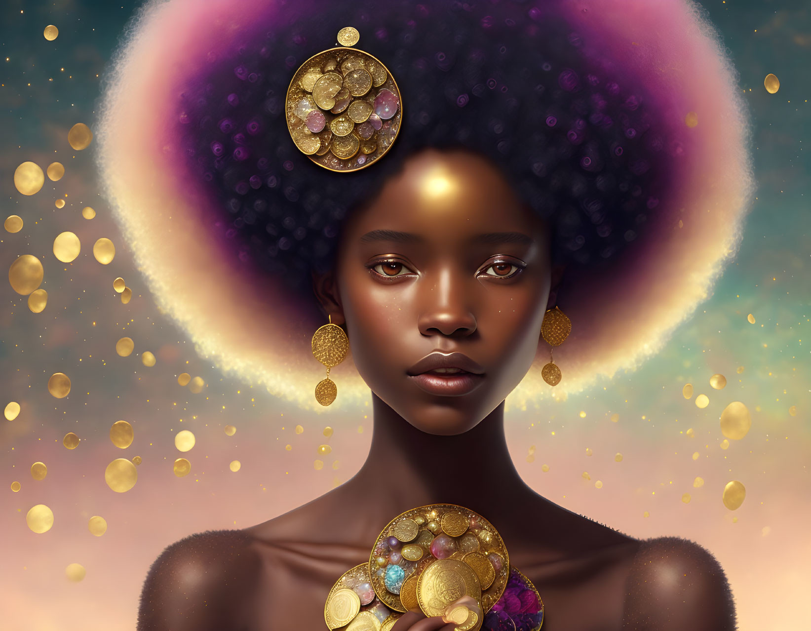 Celestial-themed digital artwork of a woman with golden orbs halo and purple afro.