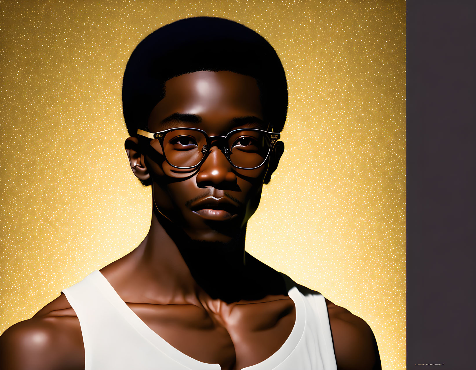 Young man in glasses and white tank top on sparkly gold backdrop