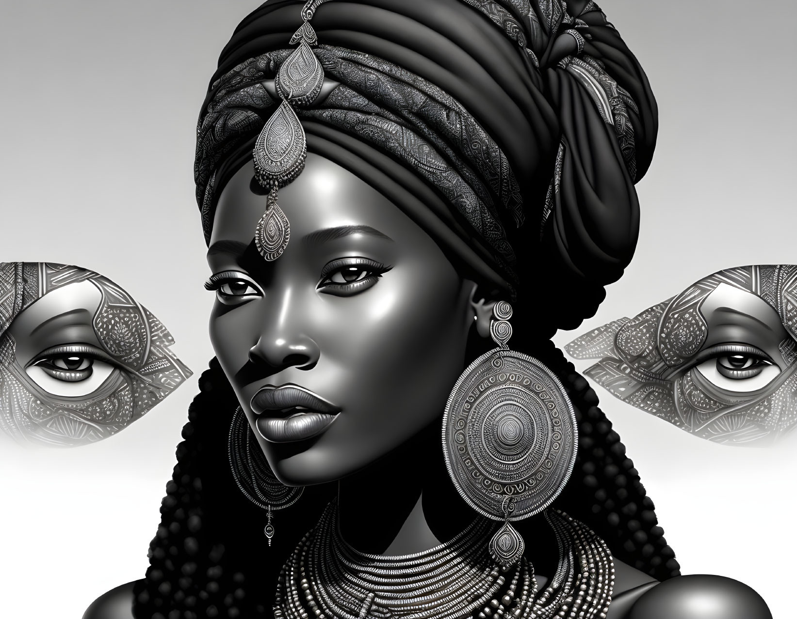 Monochromatic digital art: Woman with headwrap and intricate jewelry, flanked by stylized eyes