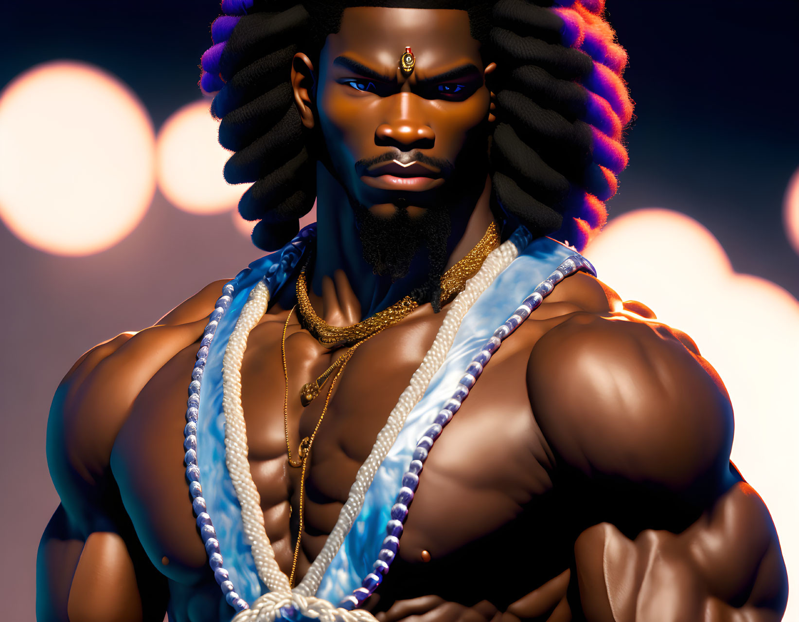 Digital Artwork: Strong Man with Golden Jewelry and Third-Eye Mark