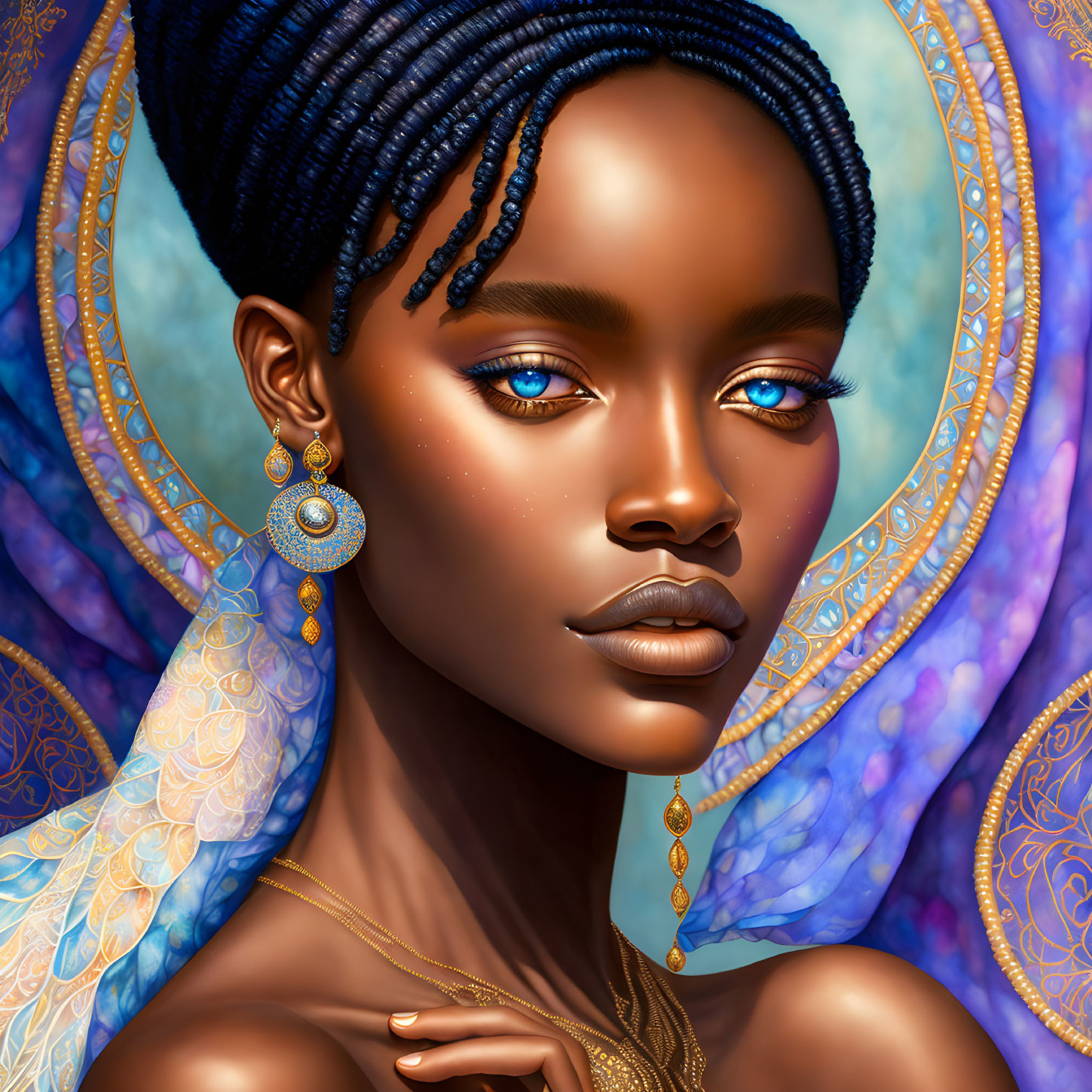 Digital artwork: Woman with radiant blue eyes, gold jewelry, blue headwear on detailed golden background