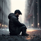 Person in Dark Hoodie Sits on Curb in Dimly Lit, Foggy Street