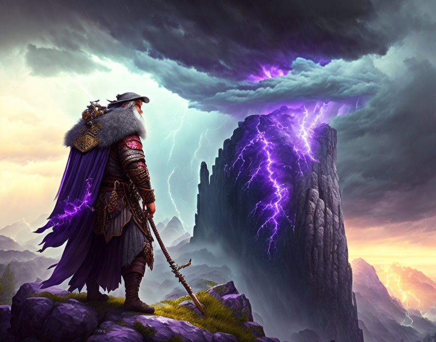 Majestic warrior in purple cape on rocky outcrop under stormy sky