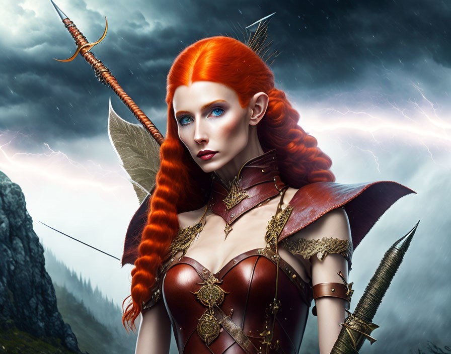 Red-haired female warrior in armor with bow against stormy sky