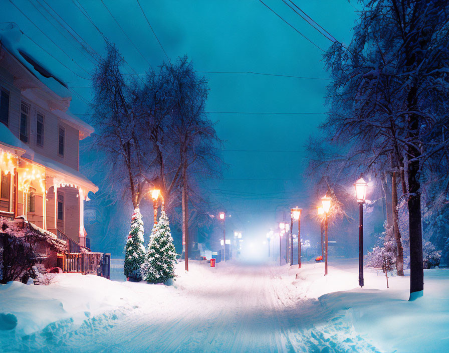 Snowy Night Street Scene with Christmas Tree and Street Lamps