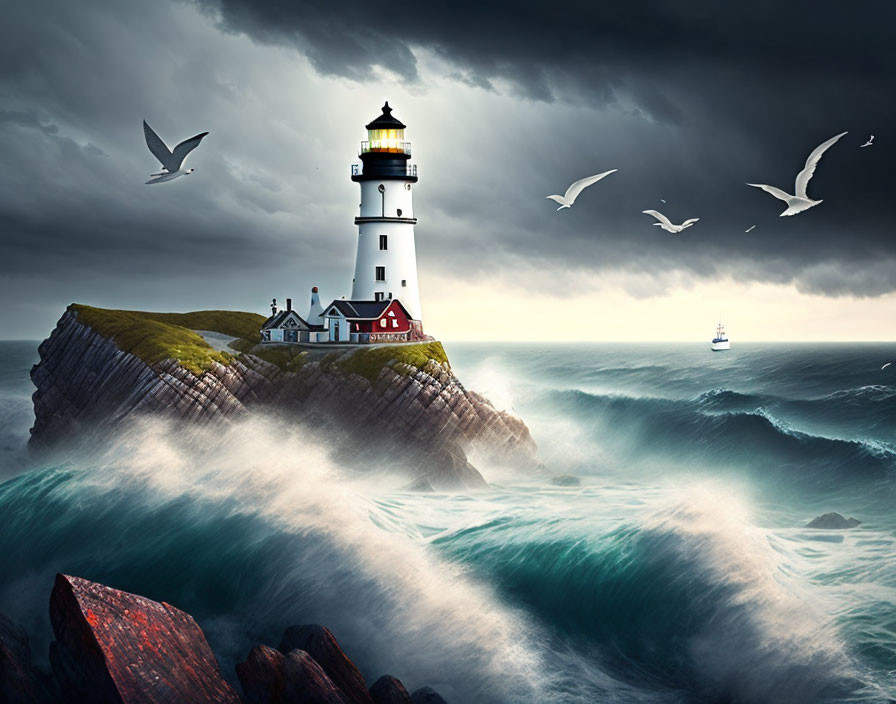 Stormy cliffside scene with lighthouse, crashing waves, birds, and boat