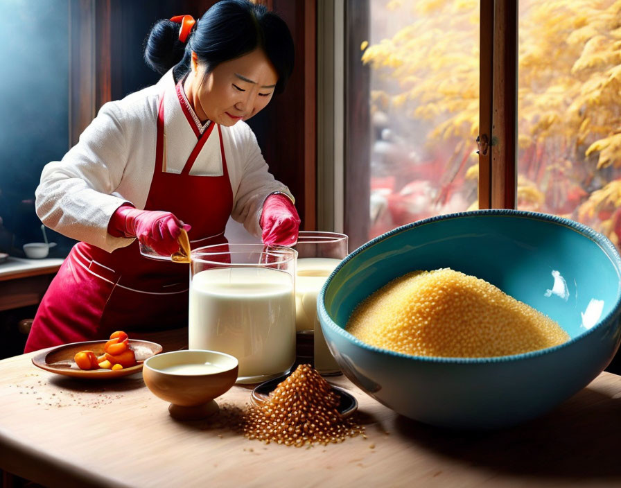 Woman in red apron pouring liquid into bowl on wooden table with ingredients, warm light, and foliage