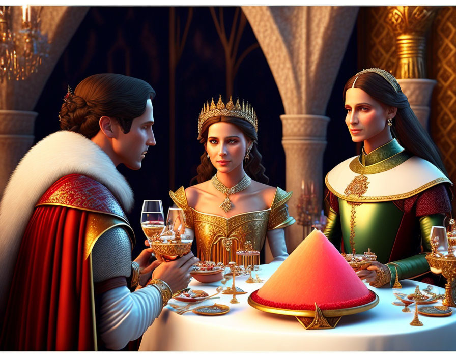 Animated royalty characters at lavish banquet table with goblets and pink cone.