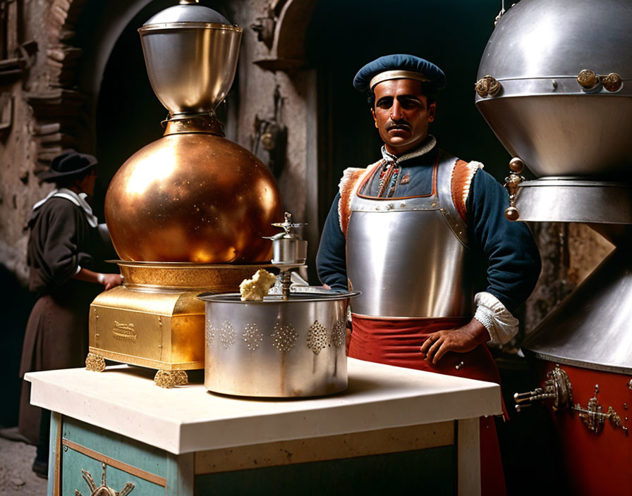 Man in traditional attire next to ornate metal urns in historical setting