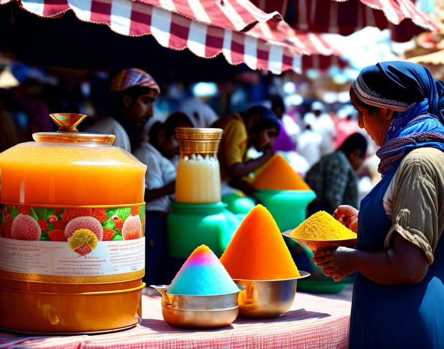 Colorful Market Scene with Woman Examining Spices and Striped Tents