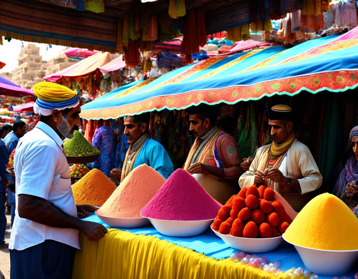 Colorful Spice Market Scene with Men in Traditional Attire and Textiles